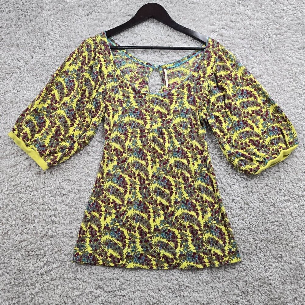 Free People Women Floral Tie Waist Blouse Size Small Yellow Puff Sleeve Boho Top
